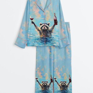 Conjunto de pijama divertido de mapache con estampado animal para amantes del vino y mujeres. imagen 4