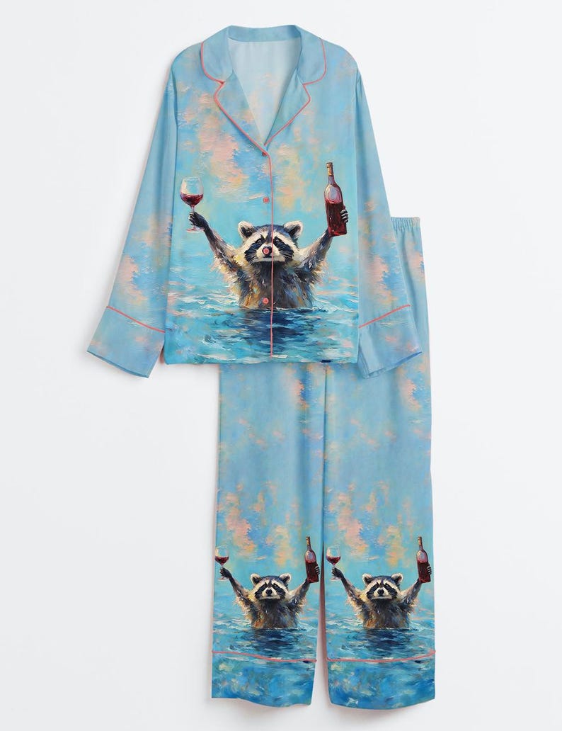 Conjunto de pijama divertido de mapache con estampado animal para amantes del vino y mujeres. imagen 4