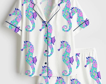 Seahorse Pajama Set Women, Ocean Sleepwear, Beach Lounge Outfit Gift