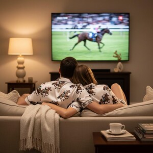 K&ouml;nnte beinhalten: Ein Paar in passenden wei&szlig;en Pyjamas mit Pferderenn-Print, das ein Pferderennen im Fernsehen ansieht. Sie sitzen auf einem hellen Sofa in einem gem&uuml;tlichen Wohnzimmer. Warme Atmosph&auml;re.
