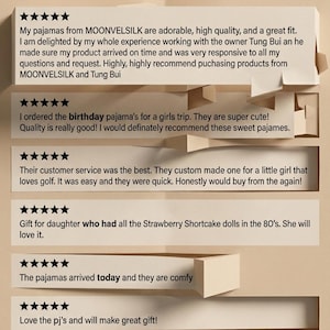 May include: Image of customer reviews for pajamas. The reviews are displayed on a beige background with the title "PAJAMAS REVIEWS" at the top. The reviews are written on white rectangular cards with a five-star rating.