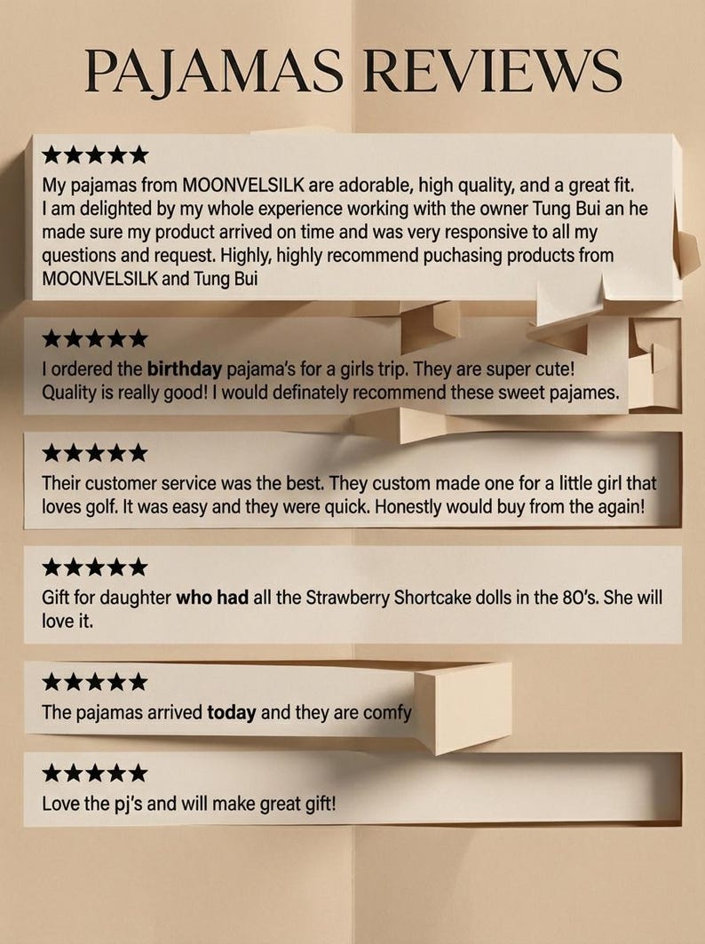 May include: Image of customer reviews for pajamas. The reviews are displayed on a beige background with the title "PAJAMAS REVIEWS" at the top. The reviews are written on white rectangular cards with a five-star rating.