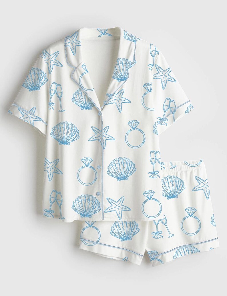 Seashell pyjamaset dames satijnen nachtkleding strand bruids loungewear cadeau afbeelding 2