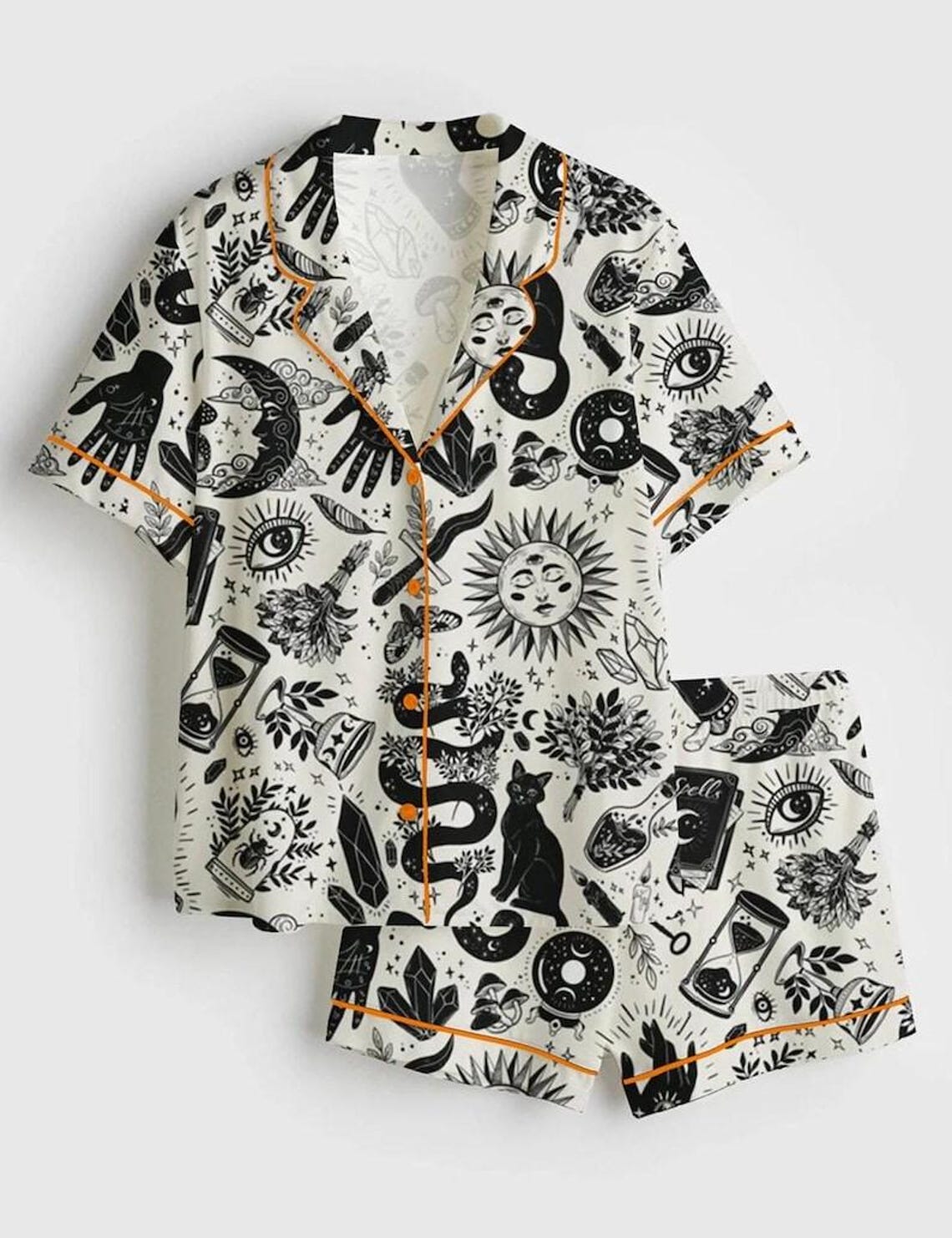 Witchy Pajama Set for Women – Occult Print Short Sleeve Pajamas, Gothic ...