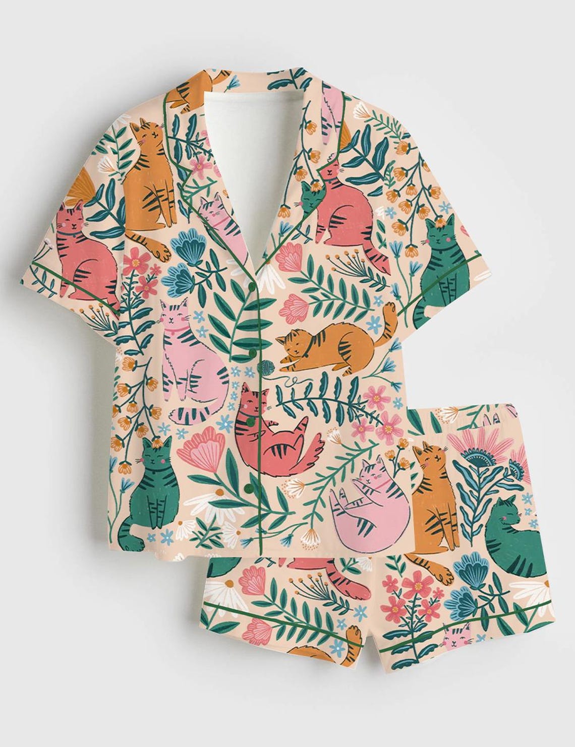 Floral Cat Pajamas Women, Botanical Cat Print Sleepwear Lounge Set - Etsy