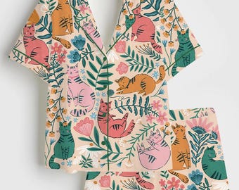 Pyjama floral chat pour femme, ensemble lounge de pyjama à imprimé chat botanique