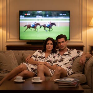 K&ouml;nnte beinhalten: Ein Paar in passenden wei&szlig;en Pyjamas mit Pferdeaufdruck sitzt auf einem beigen Sofa. Sie schauen sich ein Pferderennen im Fernsehen an. Zwei wei&szlig;e Teetassen stehen auf einem dunkelbraunen Couchtisch.