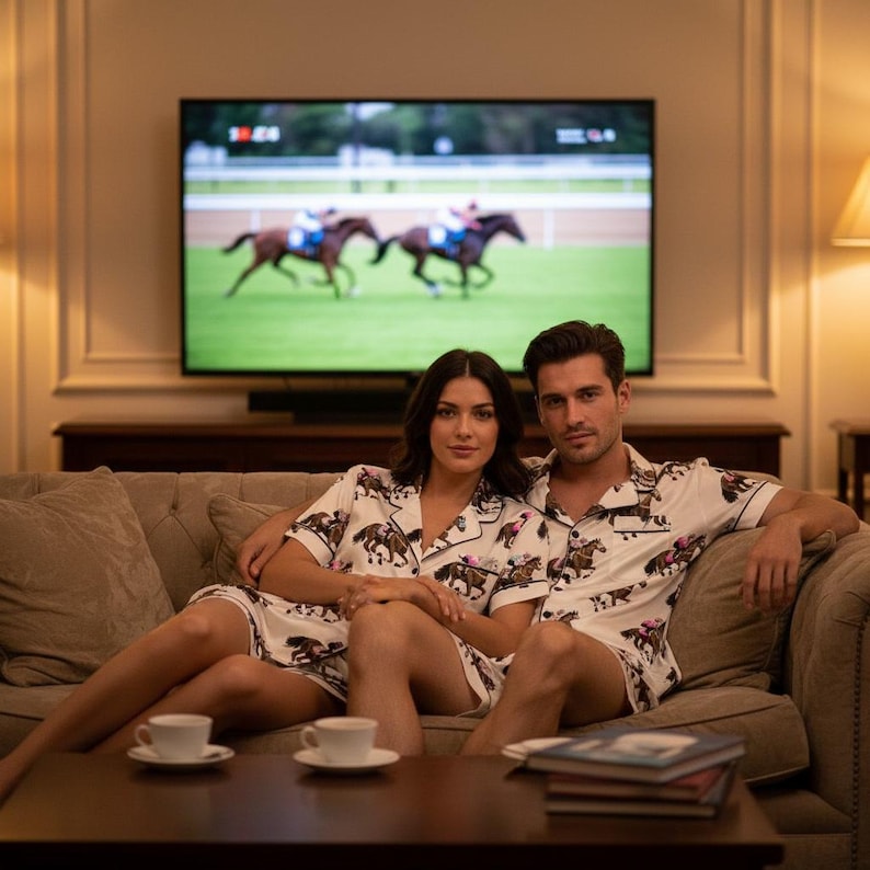 K&ouml;nnte beinhalten: Ein Paar in passenden wei&szlig;en Pyjamas mit Pferdeaufdruck sitzt auf einem beigen Sofa. Sie schauen sich ein Pferderennen im Fernsehen an. Zwei wei&szlig;e Teetassen stehen auf einem dunkelbraunen Couchtisch.