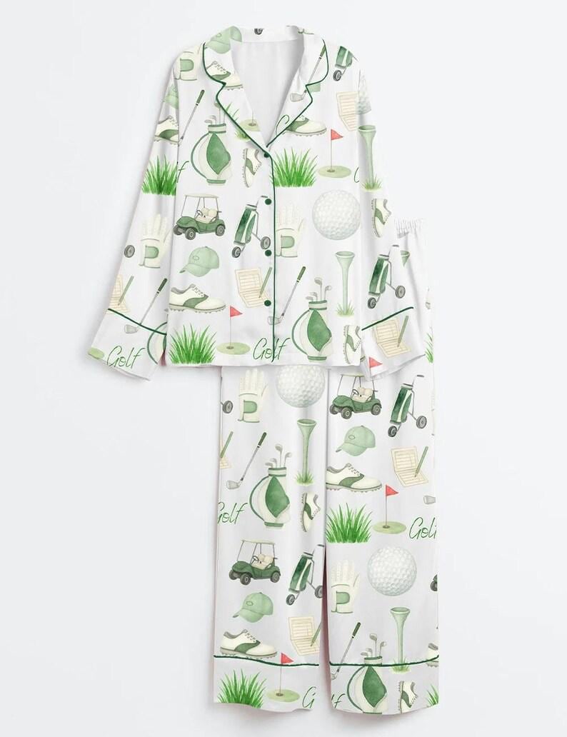 Women's Golf Print Pajama Set, Imitation Silk Sleepwear, Lounge Loungewear image 2