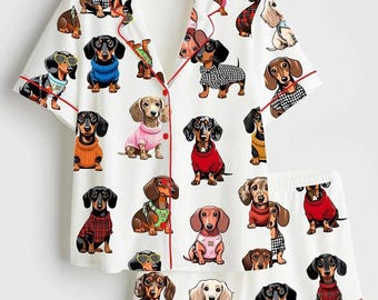 Pijama de perro salchicha para mujer, con estampado de doxie, de seda sintética