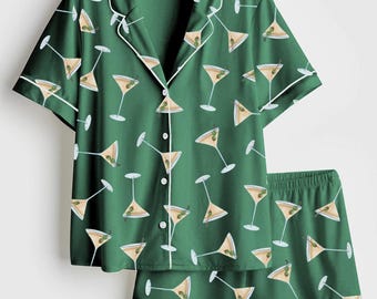 Martini Cocktail Pyjamas Damen, Olive Martini Nachtwäsche, Bar Theme Lounge Set