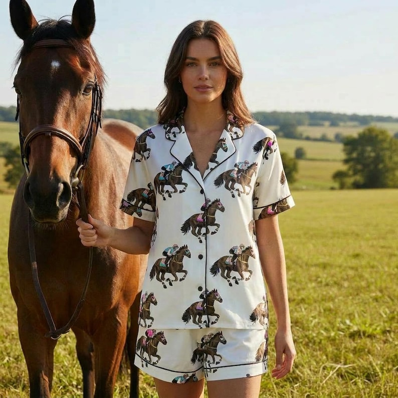 K&ouml;nnte beinhalten: Ein wei&szlig;es Pyjama-Set mit einem Pferderennmuster. Das Set besteht aus einem kurz&auml;rmeligen Hemd mit Kn&ouml;pfen und passenden Shorts, beide mit schwarzem Besatz. Ein braunes Pferd steht neben der Person, die den Pyjama tr&auml;gt.