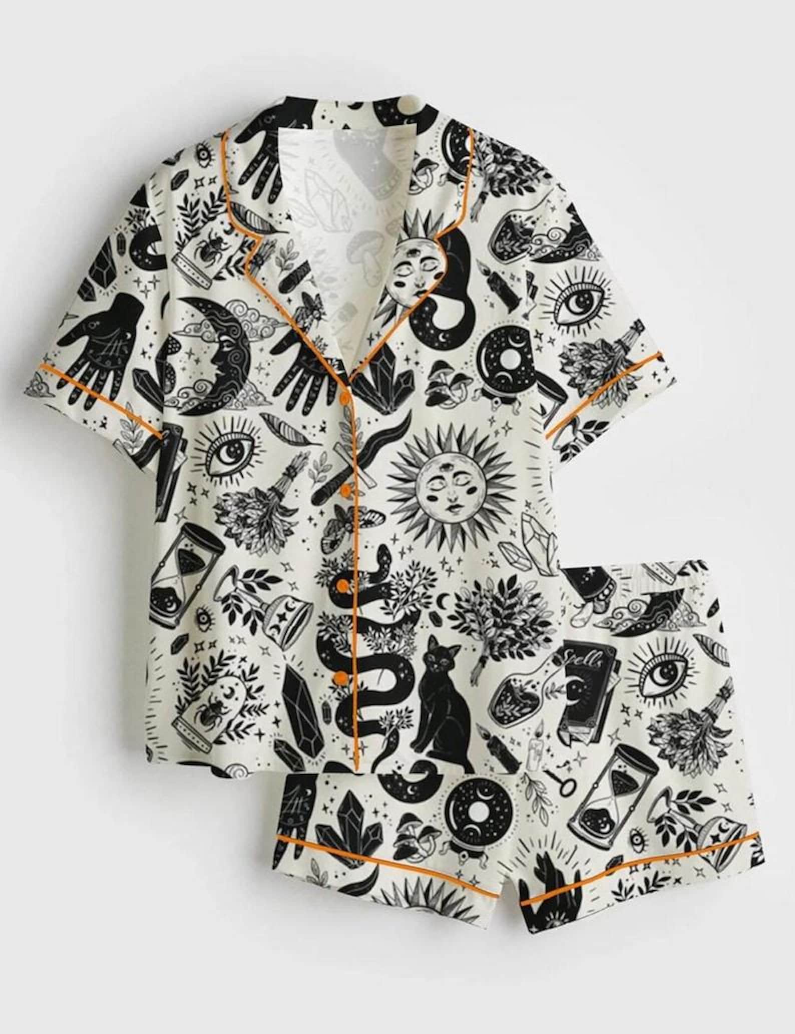 Witchy Pajama Set for Women – Occult Print Short Sleeve Pajamas, Gothic ...