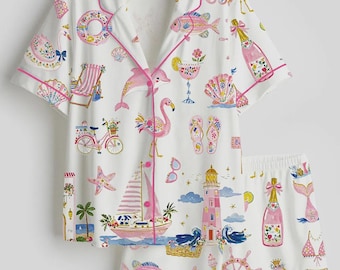 Coastal Summer Pajama Set, Beach Vacation Sleepwear, Pink Flamingo PJs, Nautical Lounge Set, Resort Pajamas, Coastal Gift for Women