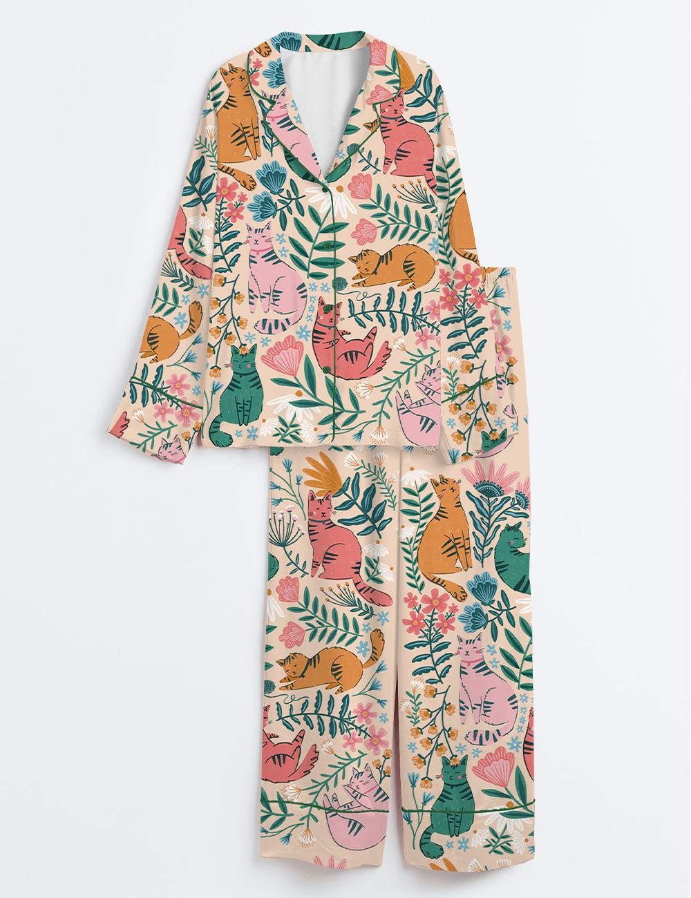 Floral Cat Pajamas Women, Botanical Cat Print Sleepwear Lounge Set - Etsy