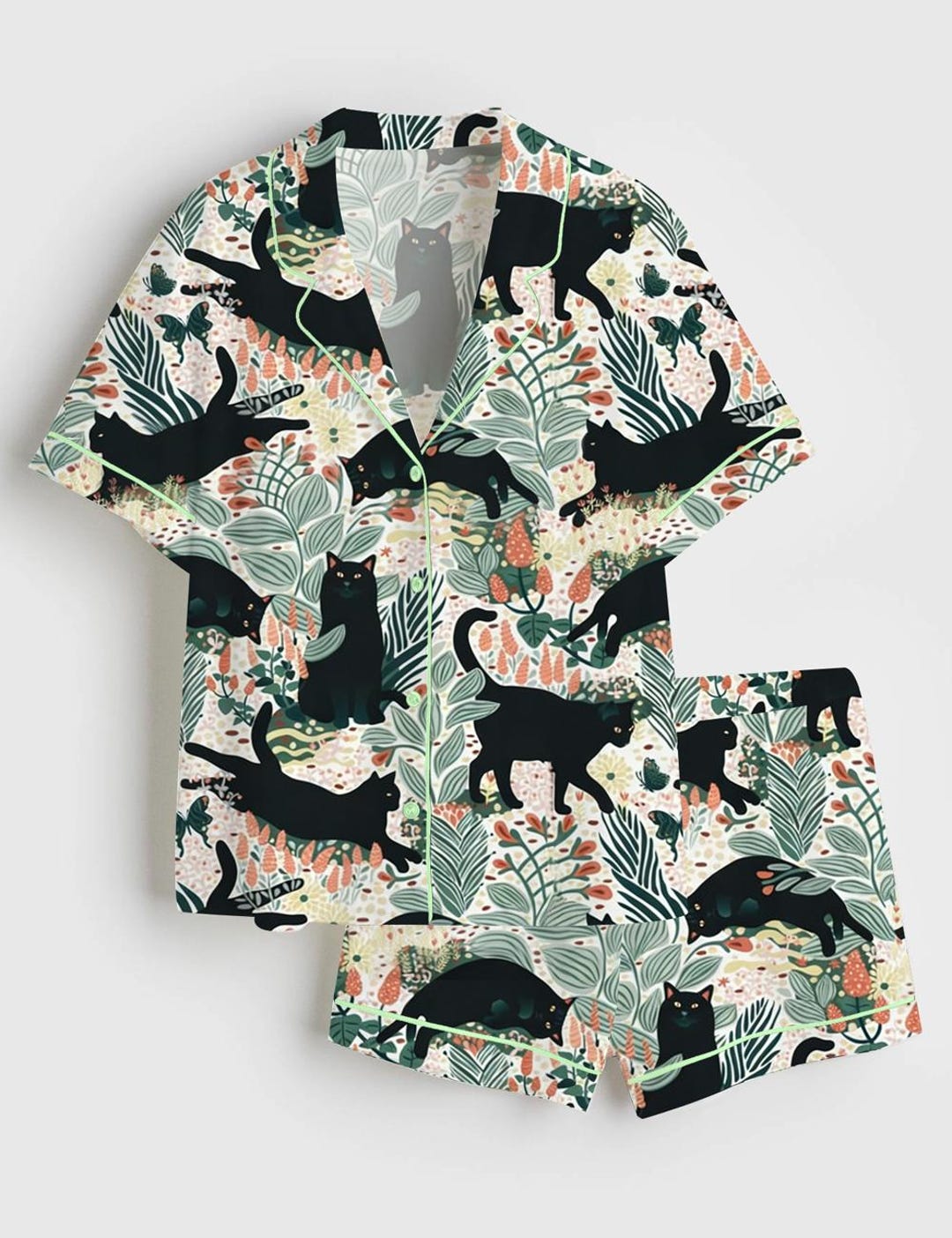 Black Cat Pajamas Women Cat Lover Botanical Floral Lounge Sleepwear ...