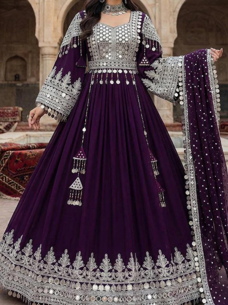 purple long sleeve formal dress Dark Purple Satin Long Sleeves Beaded Velvet Bridesmaid Dress, Purple main image 1