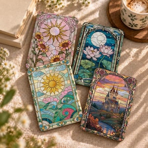 May include: Four rectangular decorative panels featuring stained glass style illustrations. One shows sunflowers and a sun, another lotus flowers and a moon, a third a sun over rolling waves, and the fourth a castle landscape at sunset.