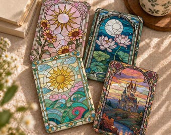 Può includere: Quattro pannelli decorativi rettangolari con illustrazioni in stile vetrata. Uno mostra girasoli e un sole, un altro fiori di loto e una luna, un terzo un sole sopra le onde e il quarto un paesaggio con castello al tramonto.