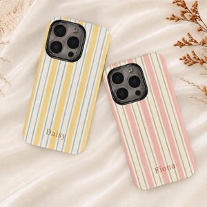 Aangepaste naam preppy streep telefoonhoesje, zachte pastelkleurige MagSafe-cover voor iPhone 17 16 15 14 Pro Max, Samsung S25 S24, cadeau voor haar