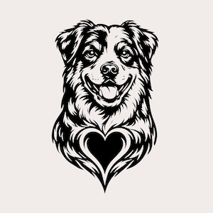 May include: A black and white graphic illustration of a dog head facing forward. The dog has floppy ears, a wide open mouth with a visible tongue, and a distinct heart-shaped design integrated into the fur pattern on its chest area.