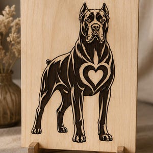 Könnte beinhalten: Eine rechteckige, helle Holzplatte mit einer dunklen, lasergravierten Abbildung eines Cane Corso Hundes, der nach vorne gerichtet steht. Auf der Brust des Hundes befindet sich ein markantes, herzförmiges Ausschnitt-Design.