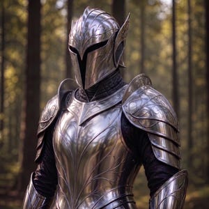 May include: A highly polished silver fantasy armour set. The armour includes a helmet with pointed ears, a breastplate, shoulder guards, and arm guards. The design features leaf-like patterns. The background is a blurred forest.