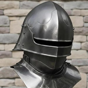 May include: A detailed, close-up view of a medieval steel helmet. The helmet features a rounded top, a visor with a horizontal slit, and a neck guard. Rivets secure the various plates. The metallic surface reflects light, highlighting its craftsmanship.