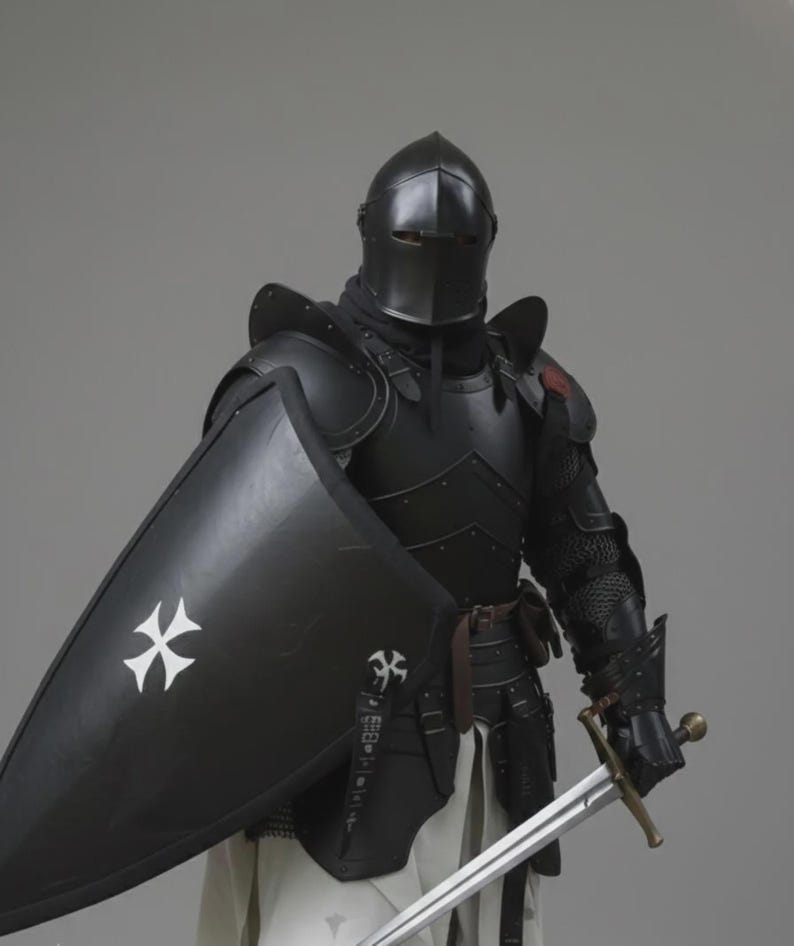 Puede incluir: Una armadura de caballero negra completa, que incluye un casco, peto y protecci&oacute;n para las piernas. El escudo es negro con una cruz blanca. Una espada se sostiene en la mano derecha. La armadura se usa sobre una t&uacute;nica blanca.