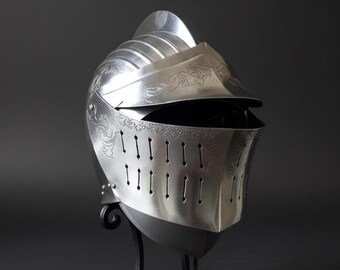 Engraved Medieval Knight Visor Helmet Gothic Steel Armor Historical Helmet for Display & larp Cosplay