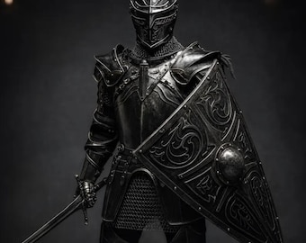 Set completo di armatura da cavaliere oscuro nero, armatura medievale gotica e cotta di maglia per cosplay Larp
