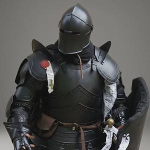 Puede incluir: Armadura medieval negra, que incluye un casco, protectores de hombros, peto y guanteletes. La armadura presenta un acabado oscuro con remaches y un cintur&oacute;n de cuero. Tambi&eacute;n se ve un escudo y una bolsa.