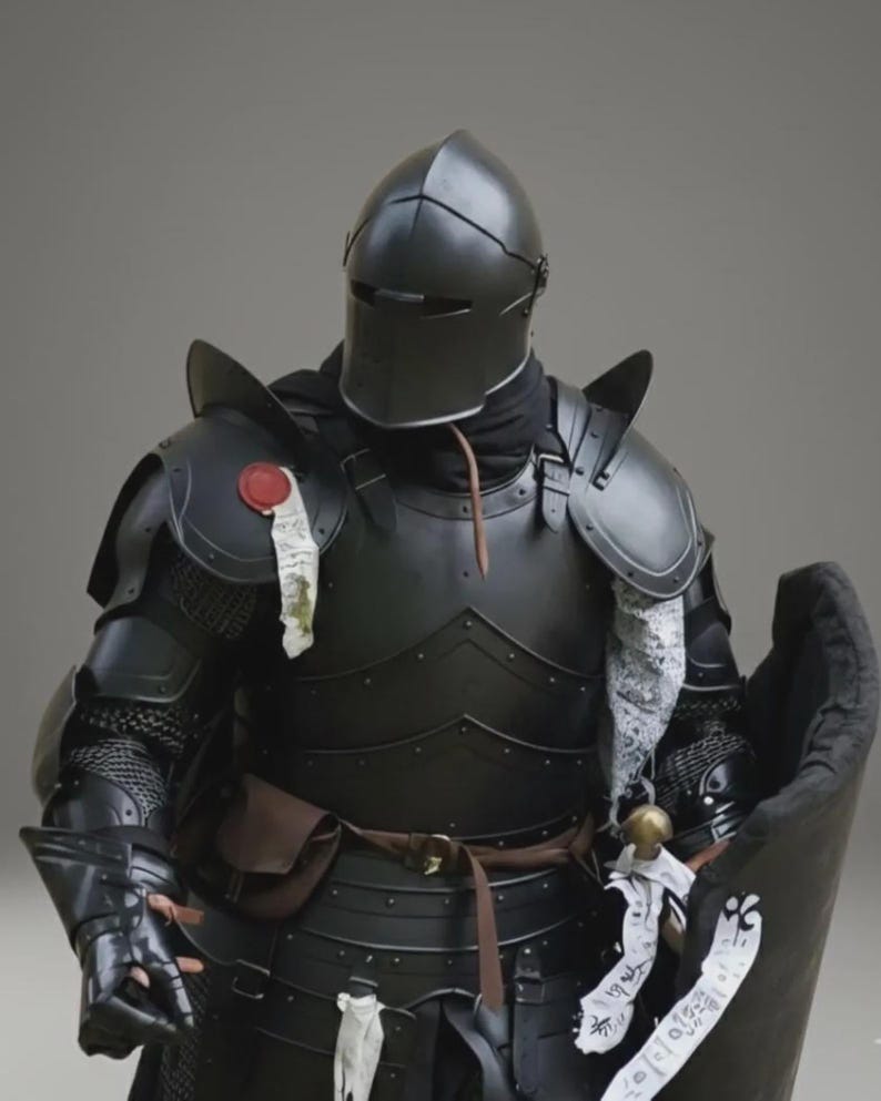 Puede incluir: Armadura medieval negra, que incluye un casco, protectores de hombros, peto y guanteletes. La armadura presenta un acabado oscuro con remaches y un cintur&oacute;n de cuero. Tambi&eacute;n se ve un escudo y una bolsa.