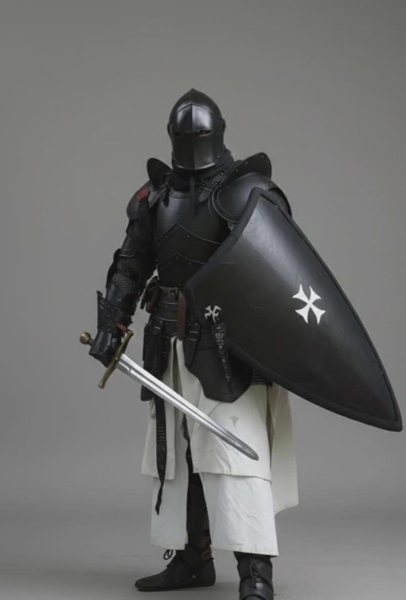 Puede incluir: Una armadura negra completa, que incluye un casco, protectores de hombros y peto. El caballero sostiene una espada larga y un escudo negro con una cruz blanca. El caballero lleva una t&uacute;nica blanca y botas negras.