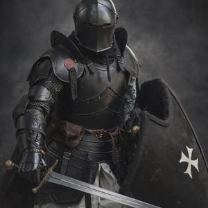Puede incluir: Una persona con armadura medieval negra, que incluye un casco, peto y guanteletes, sosteniendo una espada y un escudo. El escudo presenta una cruz blanca. La armadura tiene cota de malla y detalles en cuero.
