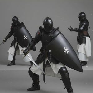 Puede incluir: Tres figuras con armadura y cascos negros, cada una sosteniendo una espada y un escudo. Los escudos son negros con una cruz blanca. Las figuras visten t&uacute;nicas blancas y botas negras. El fondo es gris neutro.