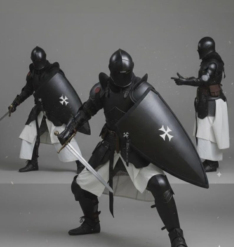 Puede incluir: Tres figuras con armadura y cascos negros, cada una sosteniendo una espada y un escudo. Los escudos son negros con una cruz blanca. Las figuras visten t&uacute;nicas blancas y botas negras. El fondo es gris neutro.