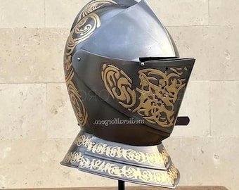 Brass Engraved Gothic Sallet Helmet Medieval Knight Armor Helmet Steel LARP Reenactment Cosplay Decor