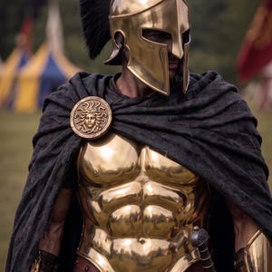 Op de afbeelding: Een glanzend gouden borstplaat en helm, in de stijl van oude Griekse wapenrusting. De helm heeft een zwarte pluim. Een zwarte cape is over de schouders gedrapeerd en vastgemaakt met een cirkelvormig medaillon. Het harnas wordt gedragen met een rok en armbeschermers.