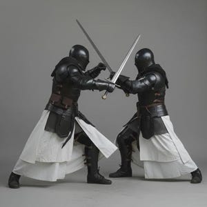 Puede incluir: Dos figuras con armadura negra, cascos y faldas blancas se enfrentan en un combate con espadas. Las figuras sostienen espadas con hojas plateadas y empu&ntilde;aduras doradas. La armadura incluye protecci&oacute;n para hombros y pecho, con detalles de cuero y cota de malla.