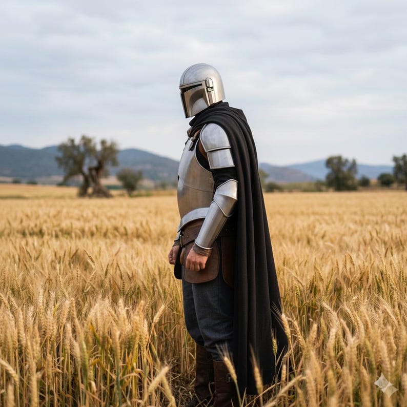 Pu&ograve; includere: Una persona con elmetto e armatura argentati, mantello nero e accessori in pelle marrone, in piedi in un campo di grano. Il costume ricorda un personaggio di fantascienza.