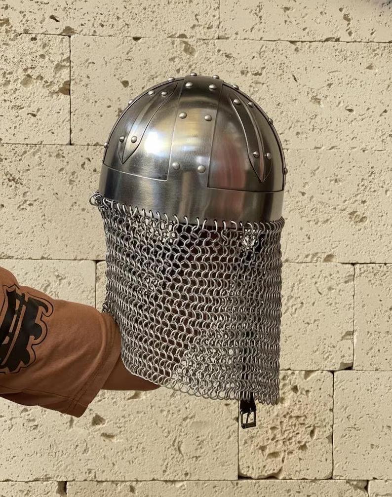 Medieval Nasal Helmet With Chainmail Coif Viking Norman Steel Armor ...