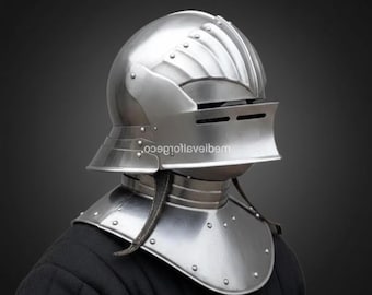 Medieval Gothic Knight Sallet Helmet Steel Visored Helmet with Bevor Wearable Display & Cosplay