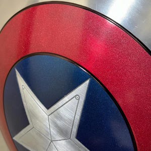 May include: A close-up of a Captain America shield. The shield features a silver star on a blue circle, surrounded by a red ring and a silver outer rim. The shield has a metallic finish.