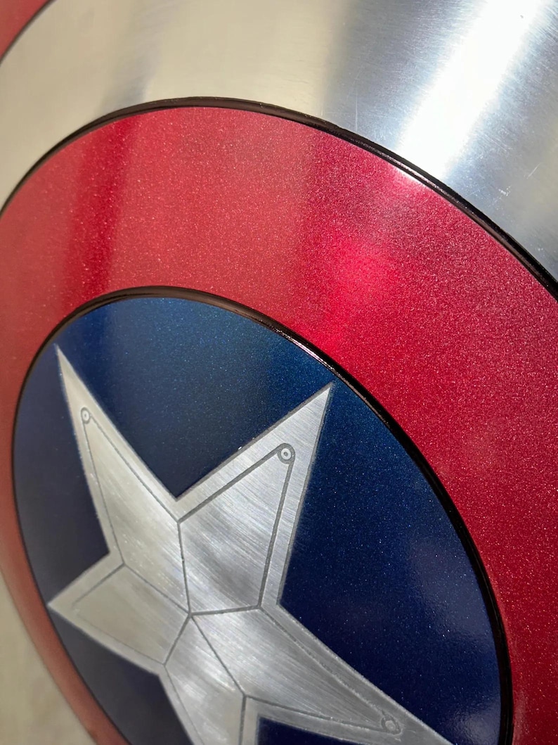 May include: A close-up of a Captain America shield. The shield features a silver star on a blue circle, surrounded by a red ring and a silver outer rim. The shield has a metallic finish.