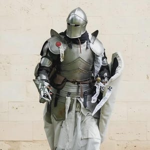 Puede incluir: Una armadura medieval completa, que incluye un casco, una coraza y guanteletes. La armadura es de color plateado y se usa sobre una t&uacute;nica blanca. Tambi&eacute;n se ven un escudo y una espada.