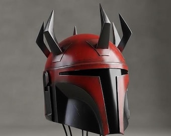 Rogaty hełm w stylu Mandalorian w kolorze czerwono-czarnym, hełm łowcy nagród inspirowany Beskarem, cosplay science fiction