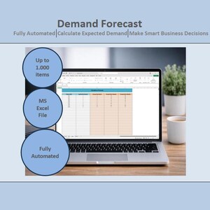 以下が含まれることがあります： 「Demand Forecast」のテキストが上部に表示されたスプレッドシートを表示するラップトップ。画像には、「Up to 1,000 Items」、「MS Excel File」、および「Fully Automated」というフレーズが青い円で含まれています。小さな植物と白いマグカップが右側にあります。