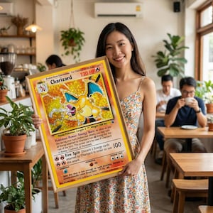 Puede incluir: Una tarjeta Pokémon Charizard enmarcada. La tarjeta presenta una criatura con forma de dragón de color amarillo y naranja con alas azules. La tarjeta tiene texto que incluye el nombre del Pokémon, HP y detalles de ataque. El marco es de color marrón claro.