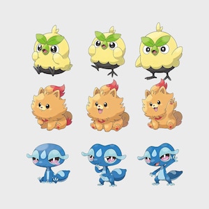 Op de afbeelding: Negen cartoon illustraties van fantasie wezens. De bovenste rij toont gele vogelachtige wezens met groene bladachtige kenmerken. De middelste rij toont oranje, hondachtige wezens. De onderste rij toont blauwe, salamanderachtige wezens.